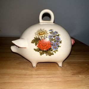 Vintage Hand Painted Ceramic Floral Piggy Bank Handle Signed E.G
